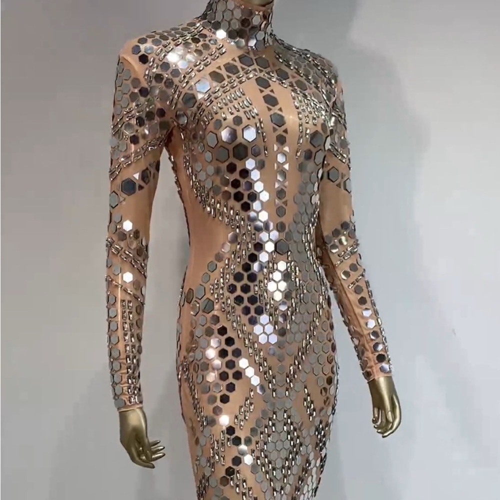 Silver Sequin Mock Neck Bodycon Dress
